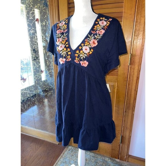 Keep in Touch Womens V Neck Embroidered Ruffled Blouse Top Navy Blue - Size M - Picture 4 of 10